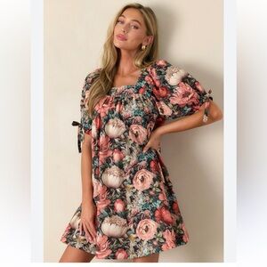 Entro Floral Puff Short Sleeve Square Neck Mini Dress